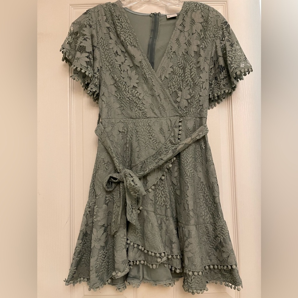 Selfie Leslie Sage Green Wrap Lace Mini Dress, Size Small